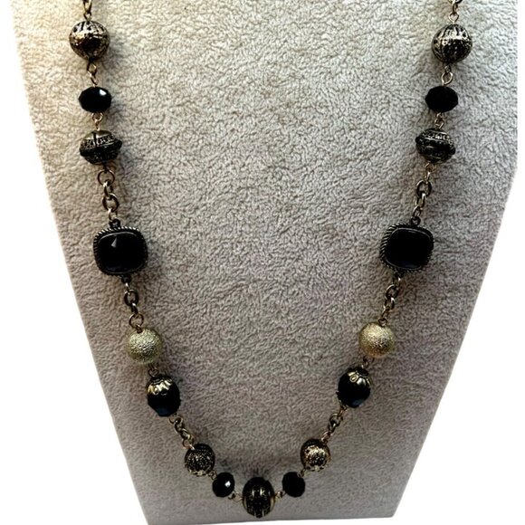 Vintage-Inspired Long Gold & Black Beaded Necklace.  C12 - Picture 1 of 10